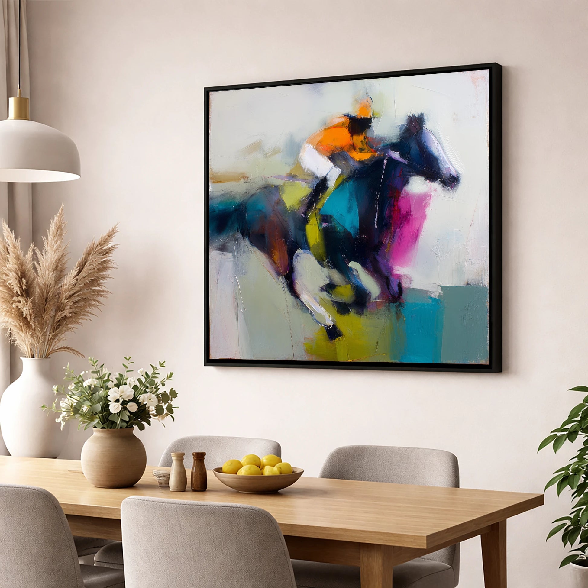 Burst of Speed racing horse wall art displayed in a dining room