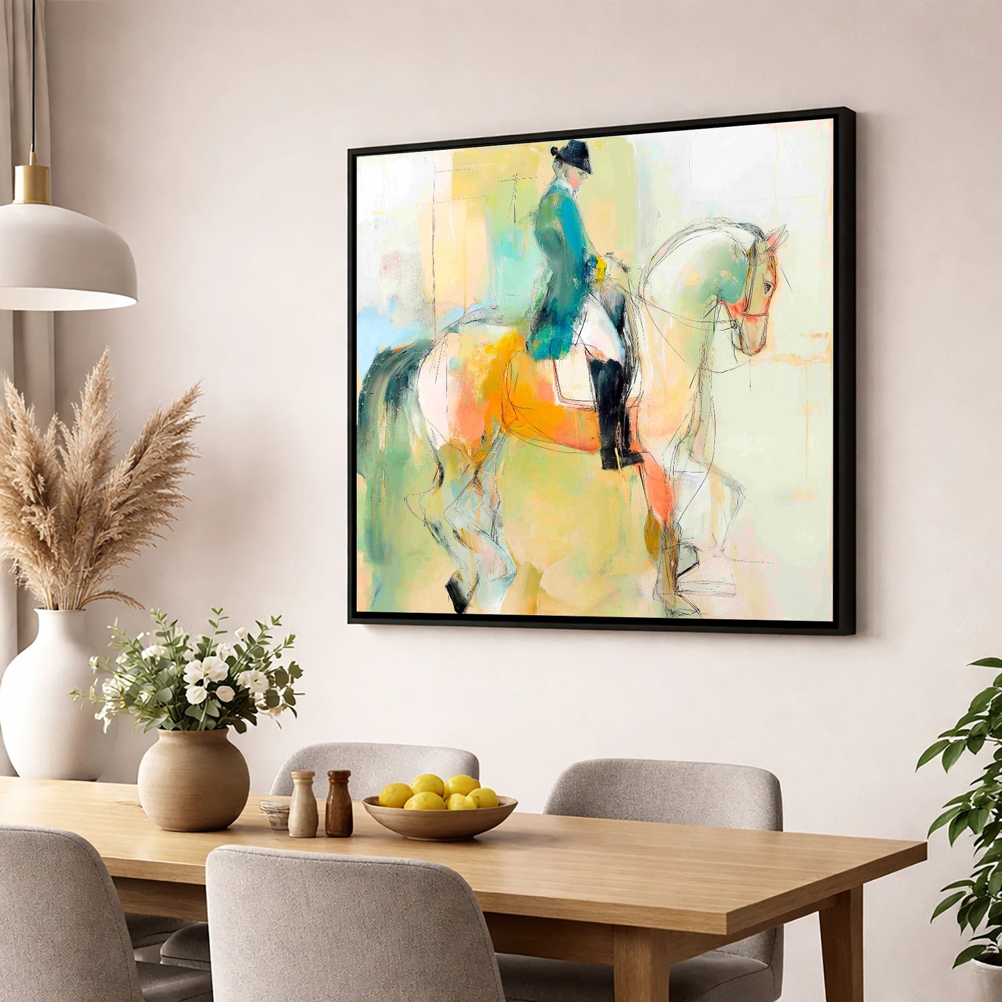 Abstract Dressage Harmony dressage horse wall art displayed in a dining room