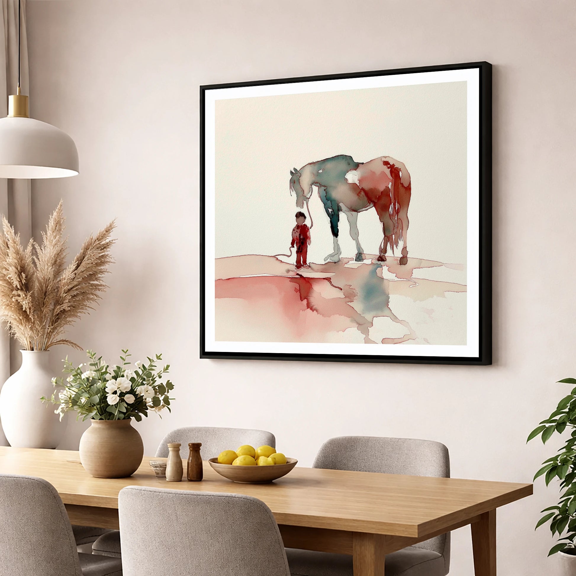 A Bond Beyond Words horse & rider wall art displayed in a dining room