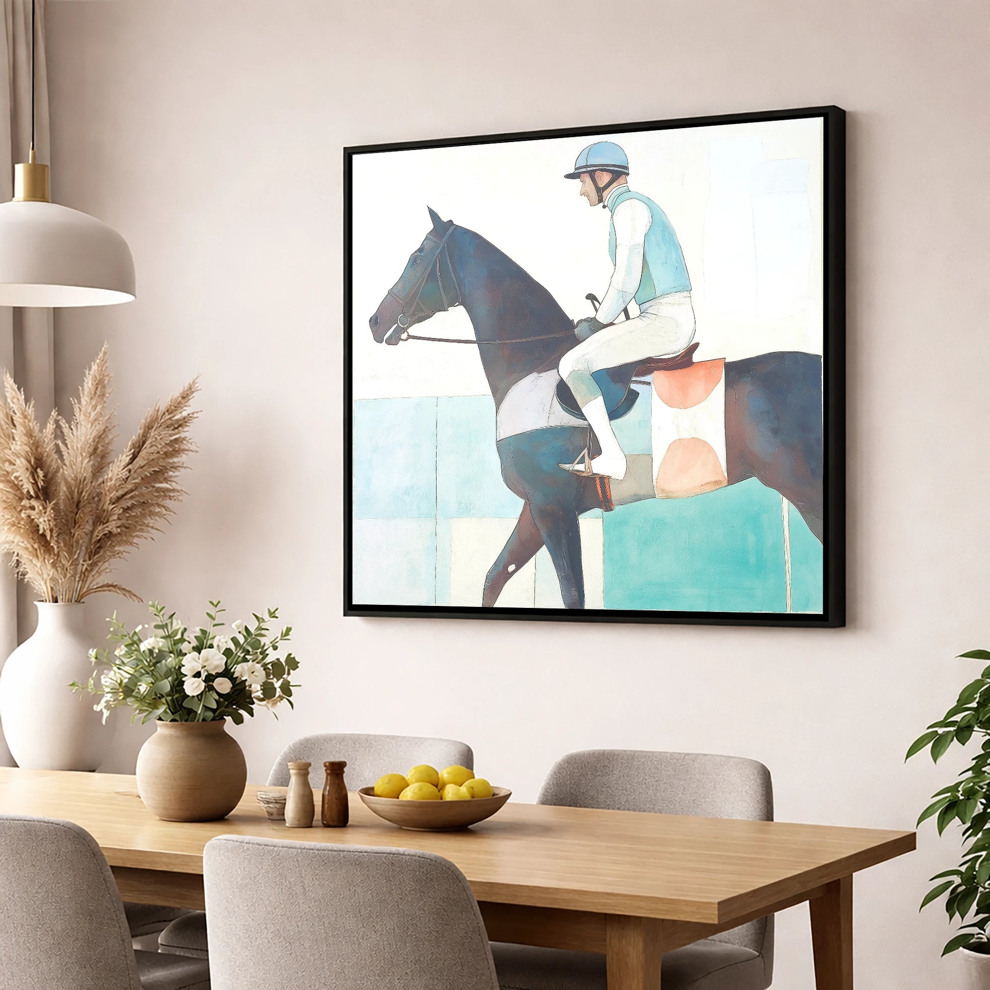 Aquamarine Stride racing horse wall art displayed in a dining room