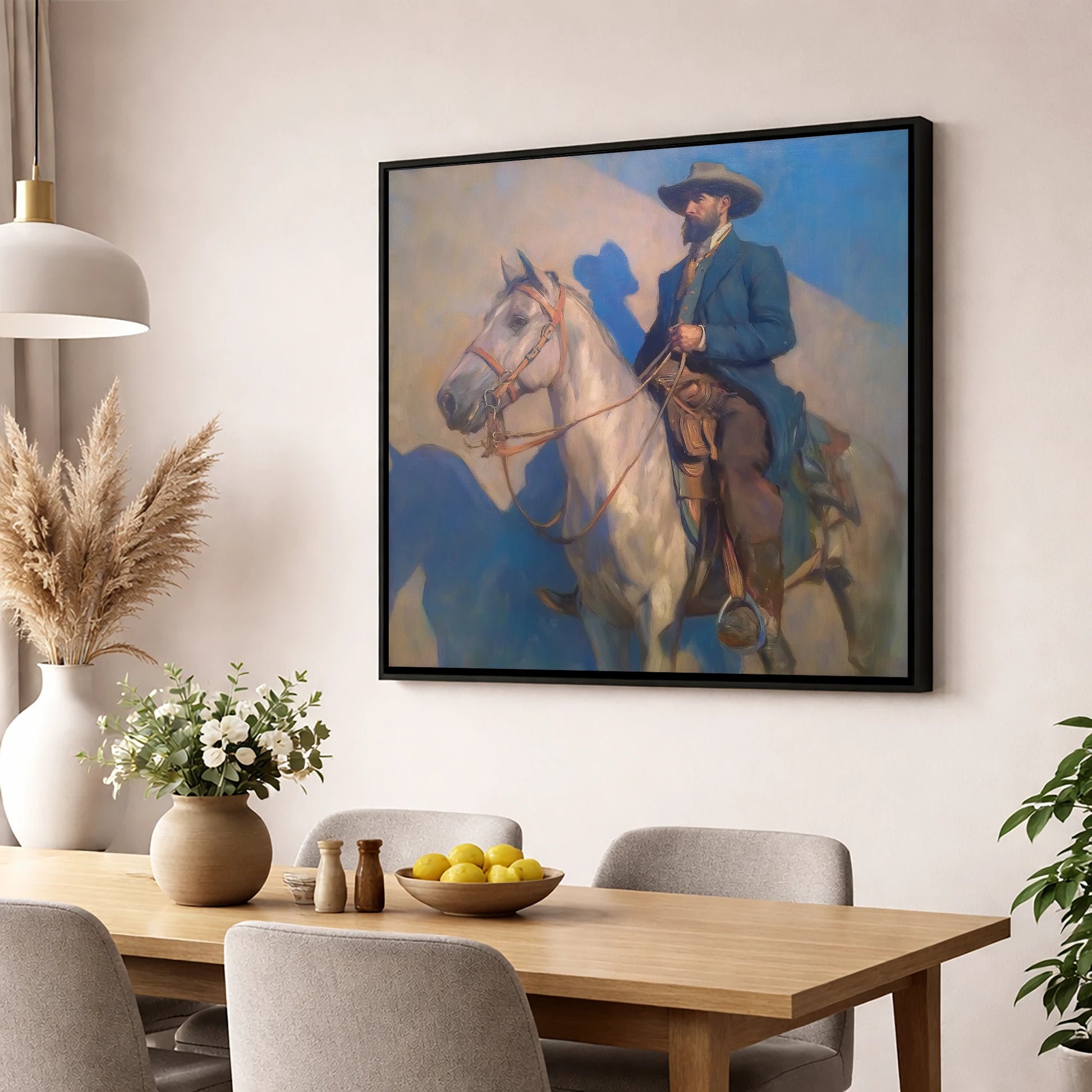 The Quiet Pioneer western horse wall art displayed in a dining room