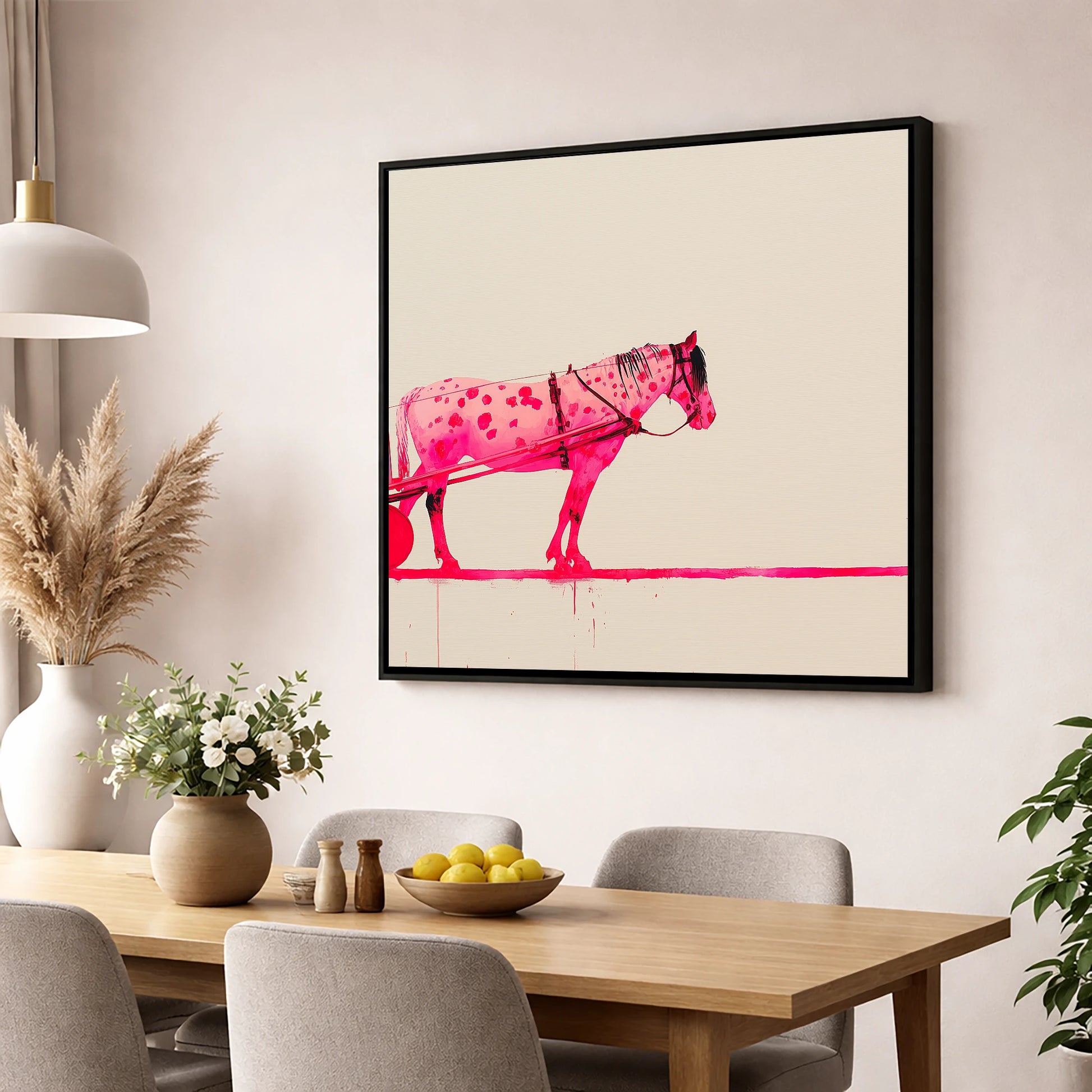 Vibrant Spotted Harness working horse wall art displayed in a dining room