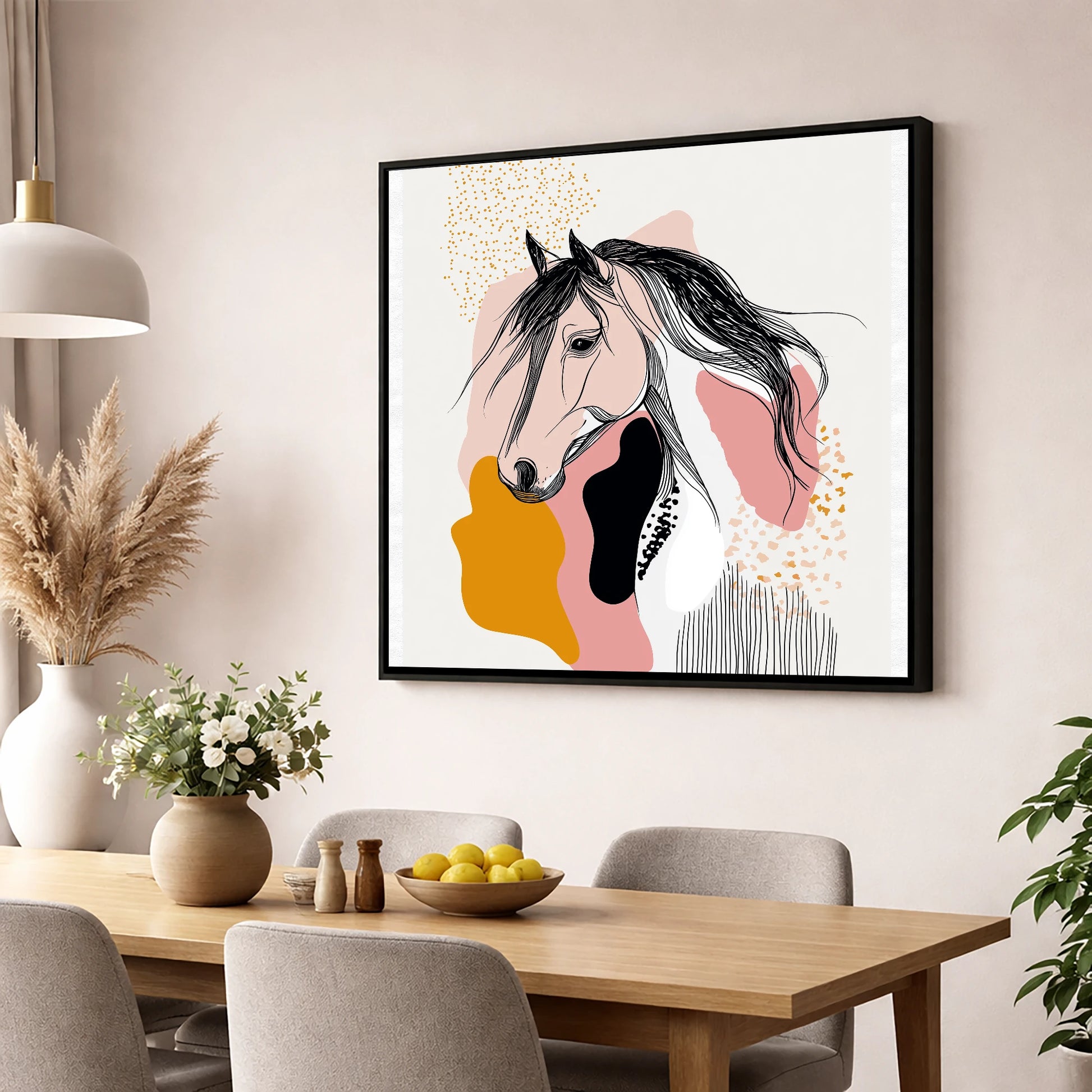 Graphic Equine Elegance horse & rider wall art displayed in a dining room