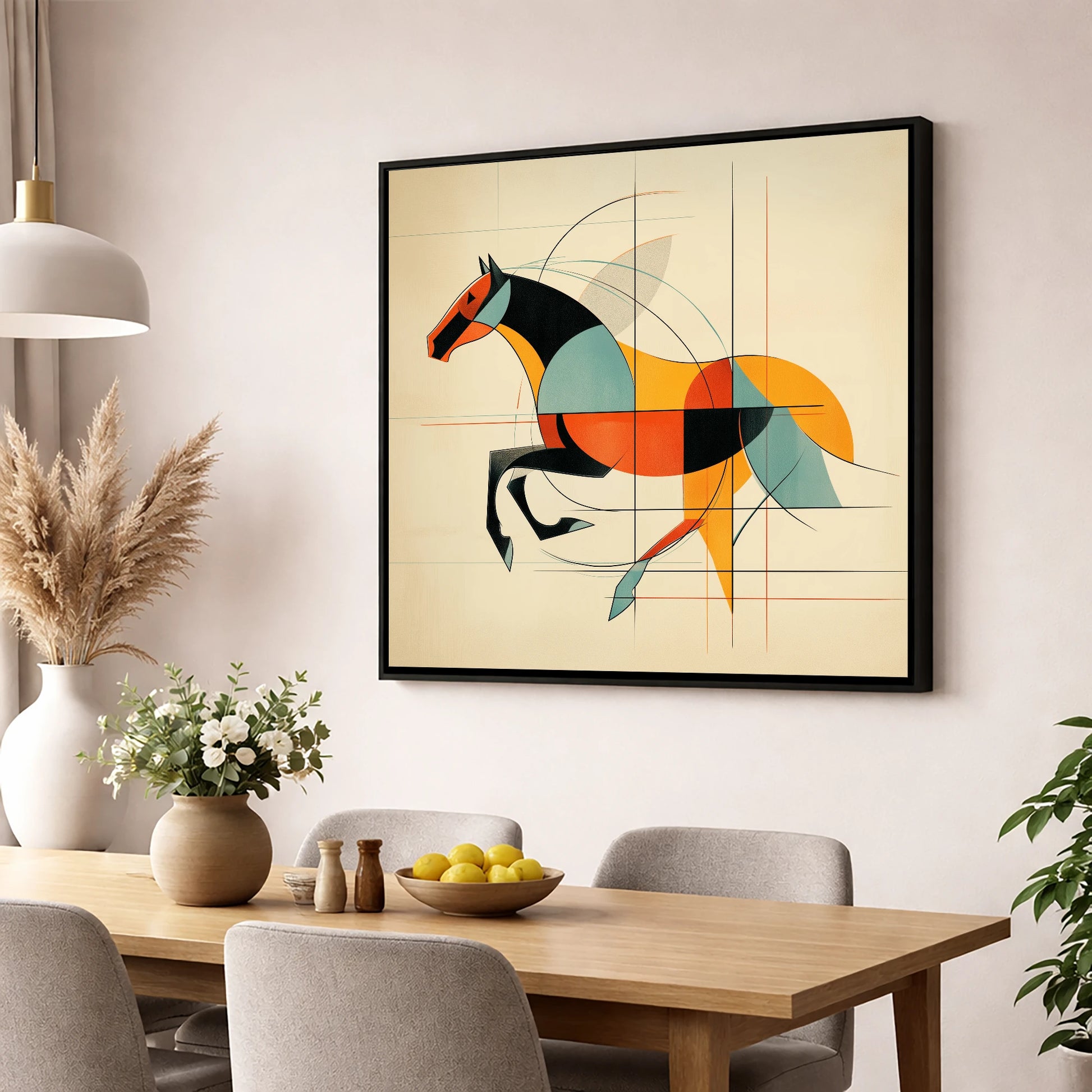 Rhythm in Motion racing horse wall art displayed in a dining room