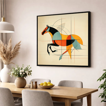 Rhythm in Motion racing horse wall art displayed in a dining room