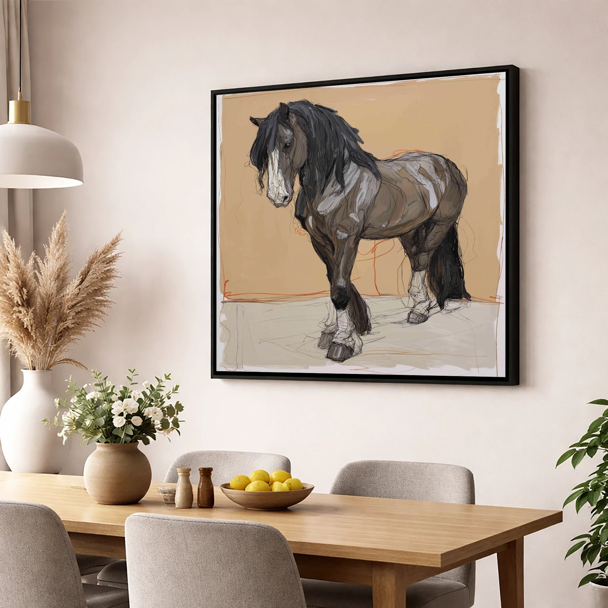 Feathered Strength horse breed wall art displayed in a dining room