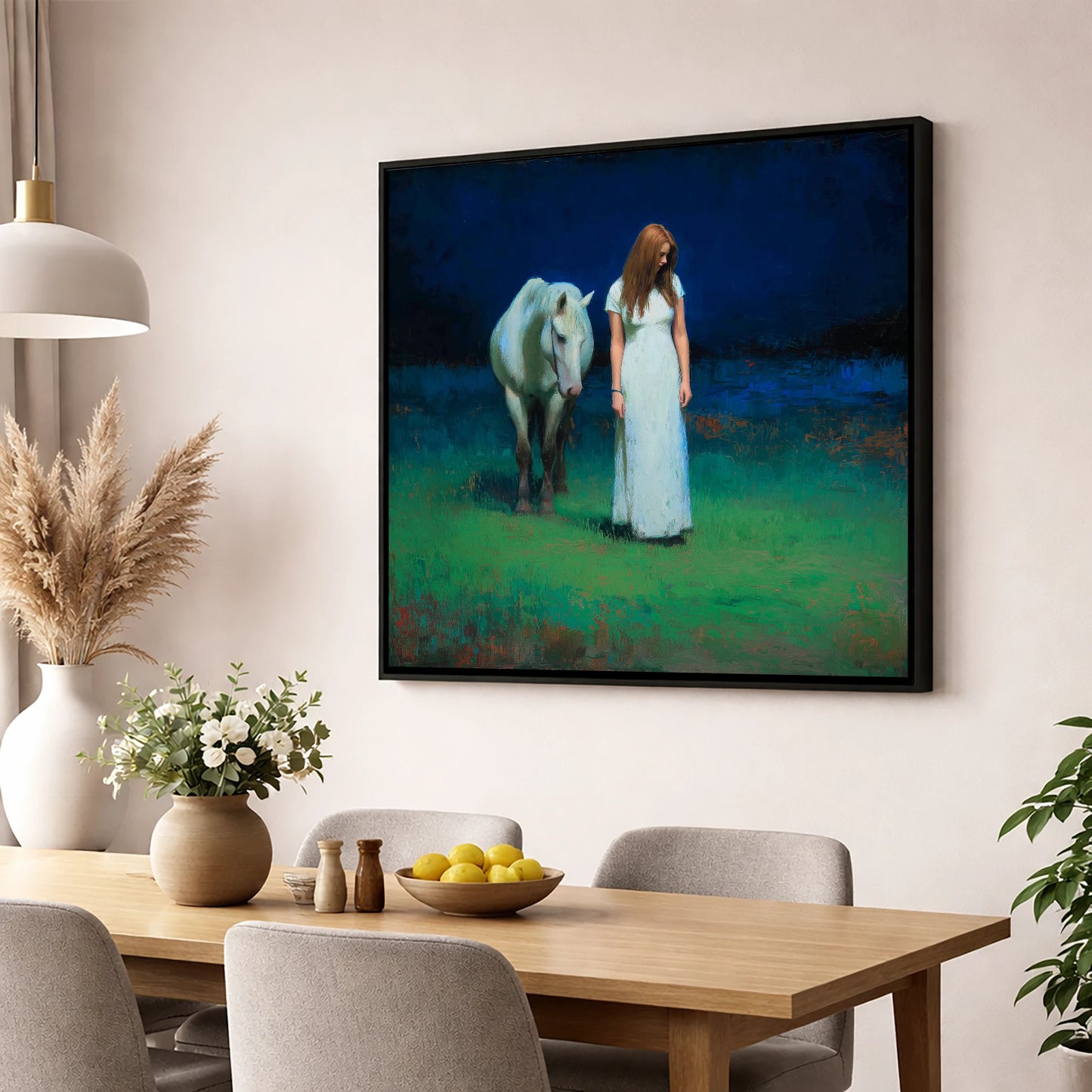 The Quiet Hour horse & rider wall art displayed in a dining room