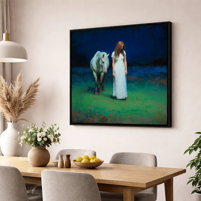 The Quiet Hour horse & rider wall art displayed in a dining room