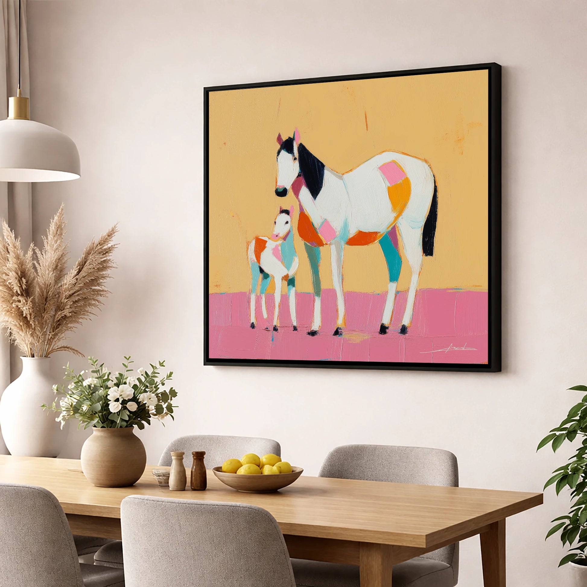 Vibrant Geometric Bond mare & foal wall art displayed in a dining room
