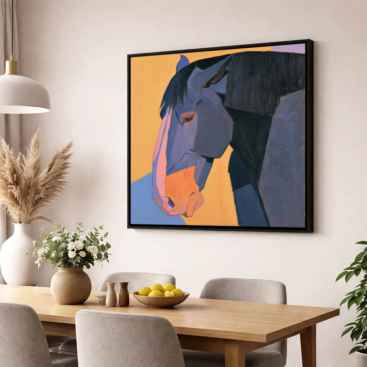Vibrant Blue Horse Portrait horse breed wall art displayed in a dining room