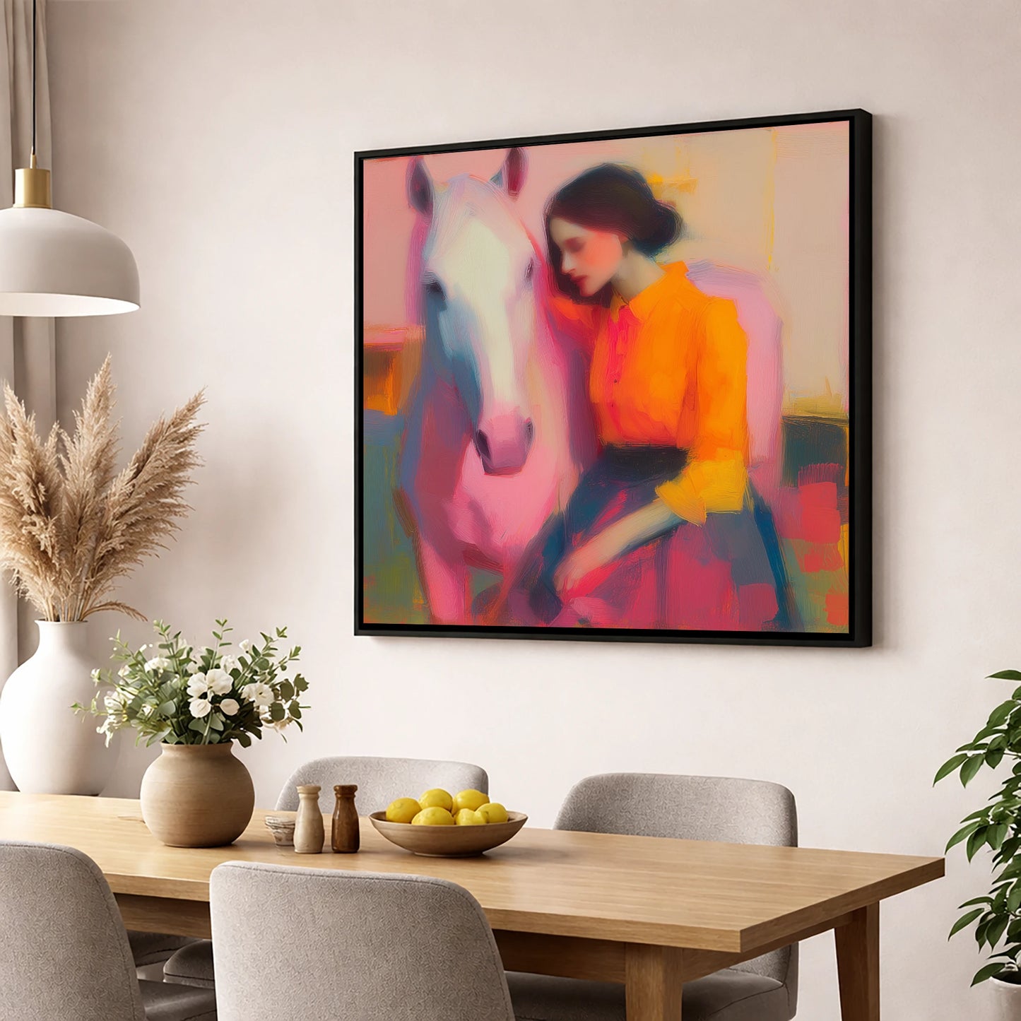 Vivid Embrace horse & rider wall art displayed in a dining room