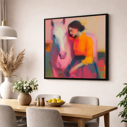 Vivid Embrace horse & rider wall art displayed in a dining room