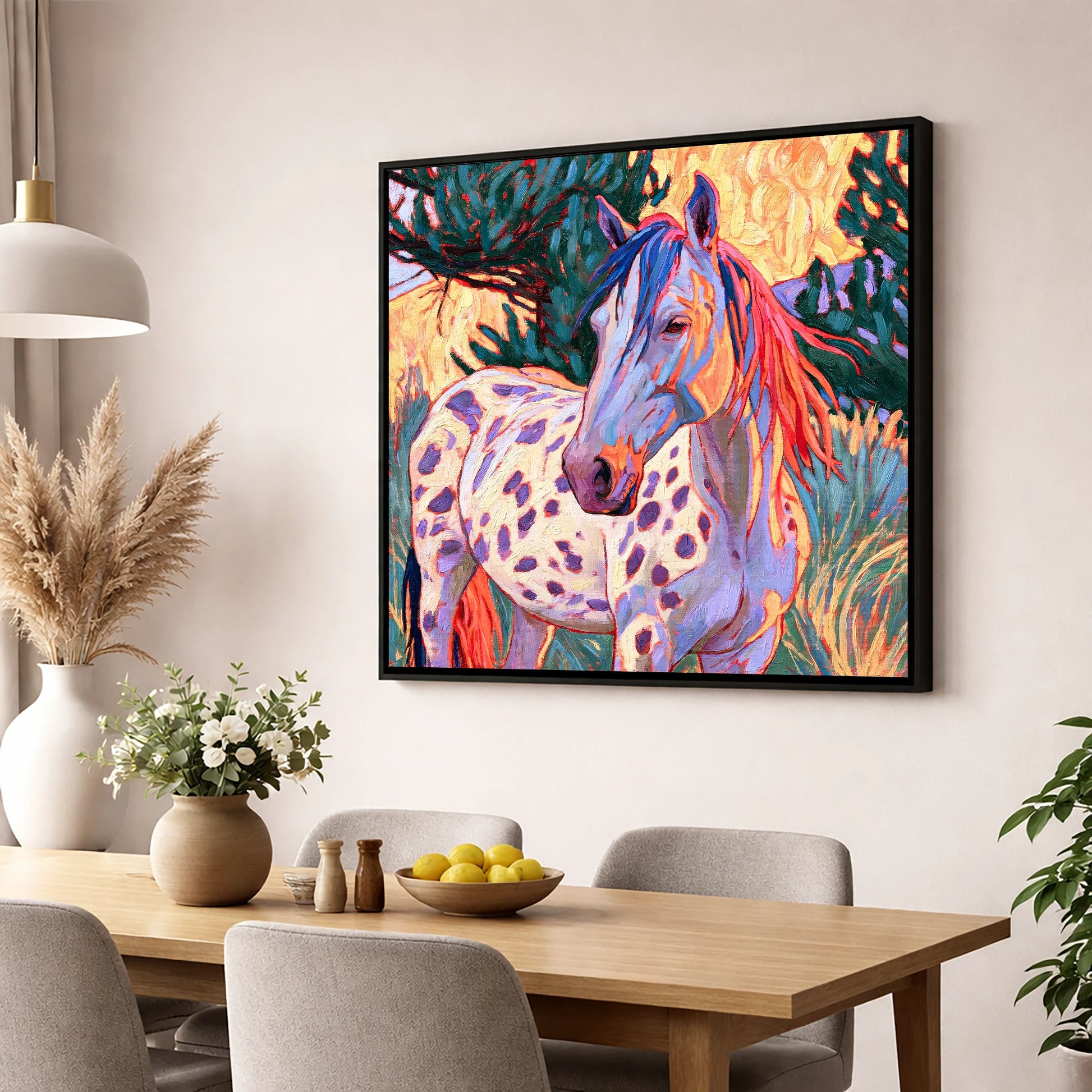 Colourful Spotted Appaloosa Horse horse breed wall art displayed in a dining room