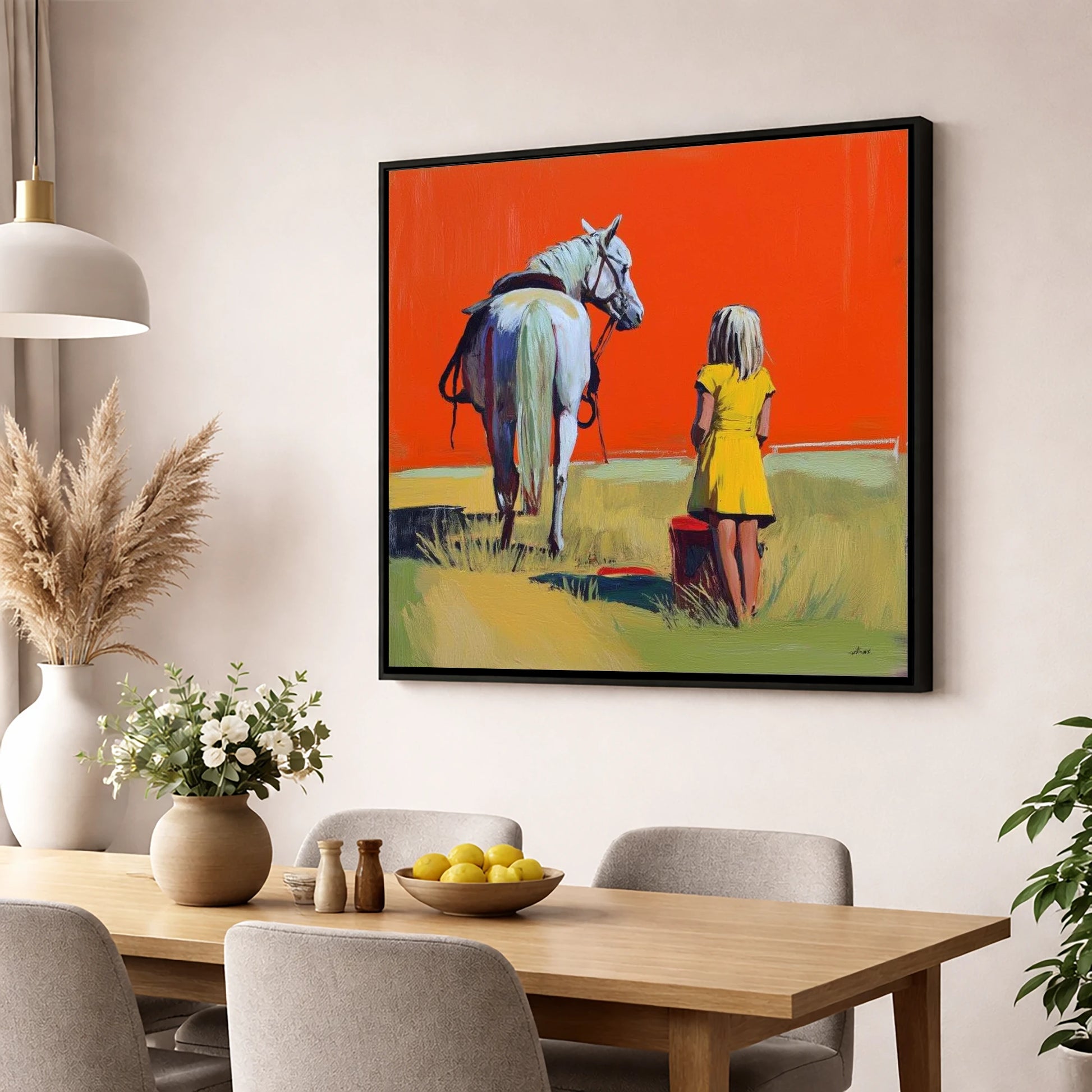 The Yellow Dress horse & rider wall art displayed in a dining room