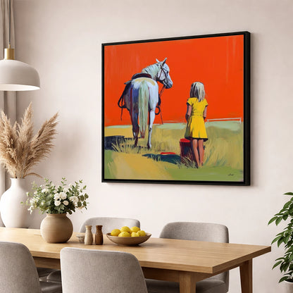The Yellow Dress horse & rider wall art displayed in a dining room