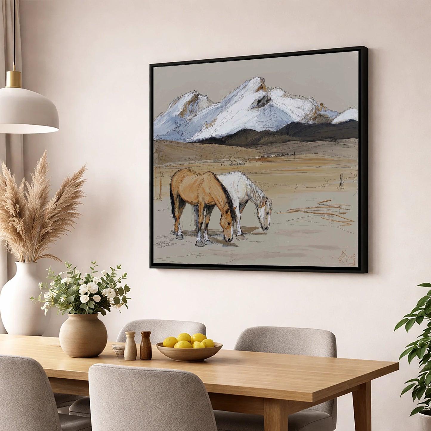 High Country Grazing horse landscape wall art displayed in a dining room