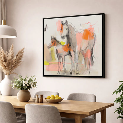 Contemporary Bond mare & foal wall art displayed in a dining room