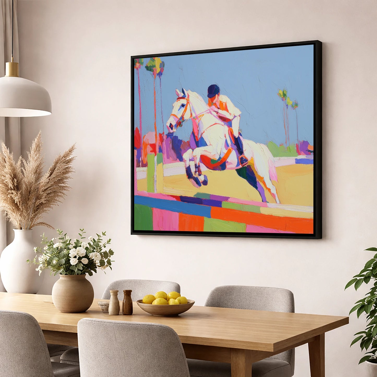 Technicolour Takeoff show jumping horse wall art displayed in a dining room