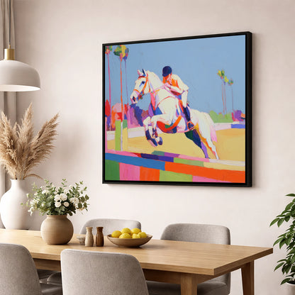 Technicolour Takeoff show jumping horse wall art displayed in a dining room