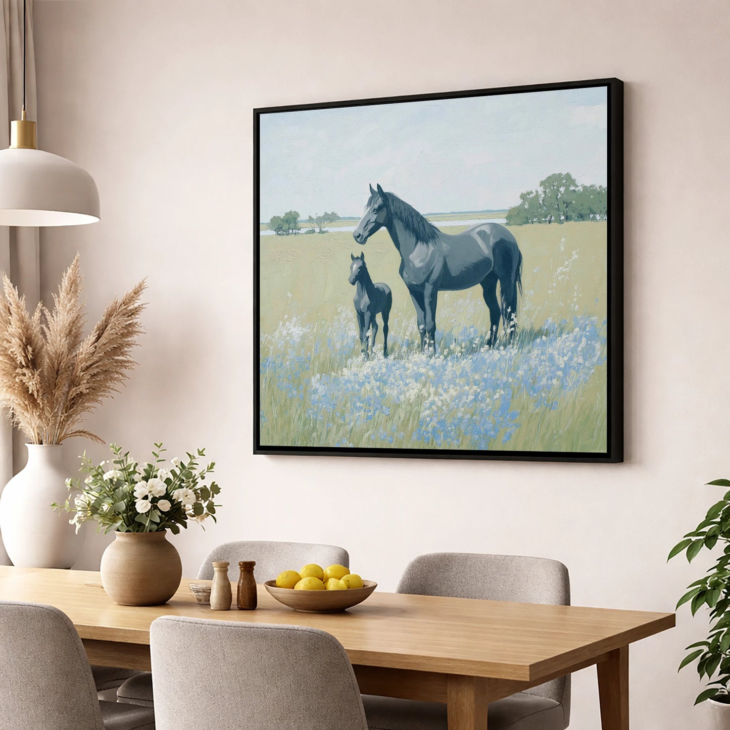 Slate Grey Summer Pasture mare & foal wall art displayed in a dining room