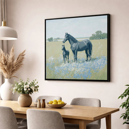 Slate Grey Summer Pasture mare & foal wall art displayed in a dining room