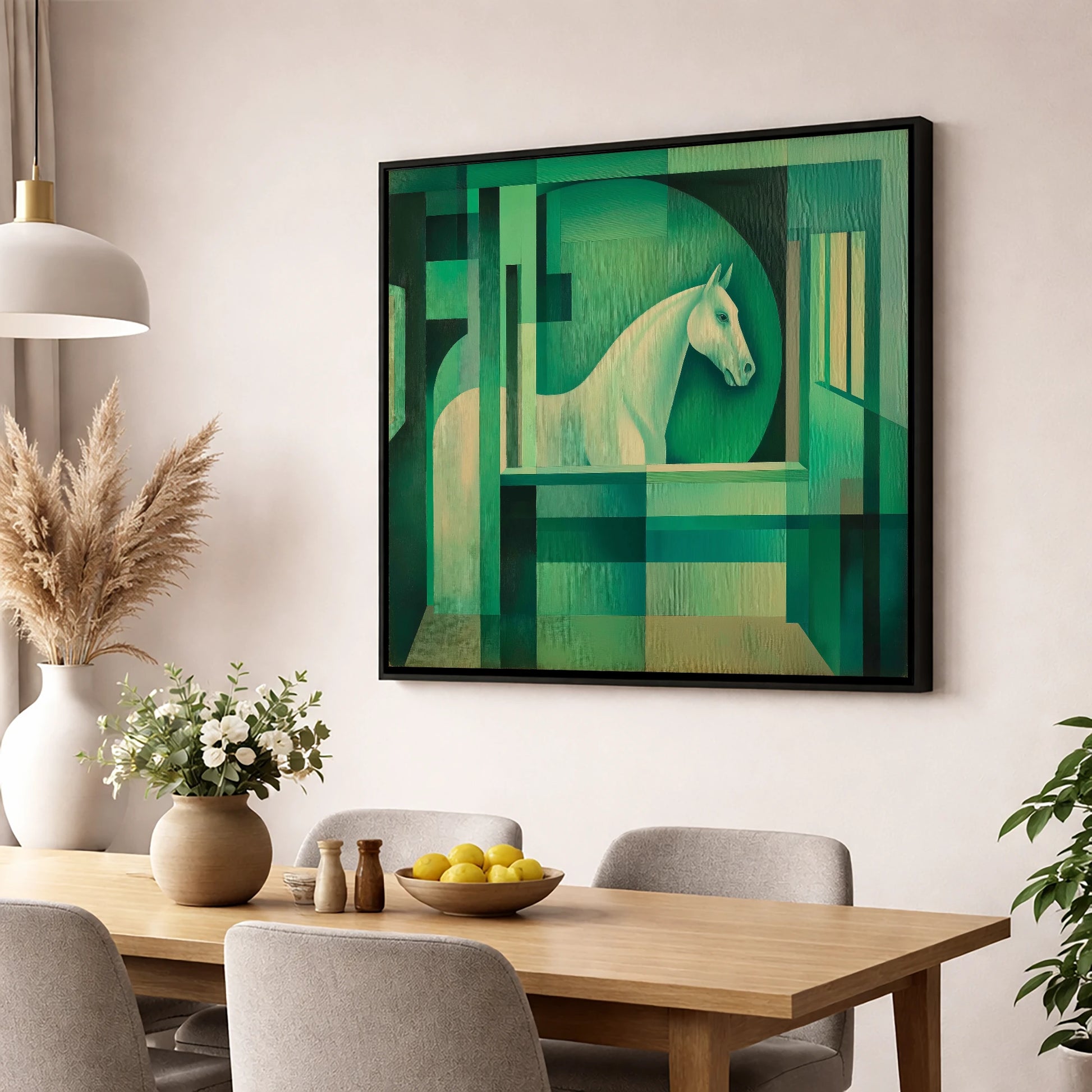 Emerald Stall Gaze horse stable wall art displayed in a dining room