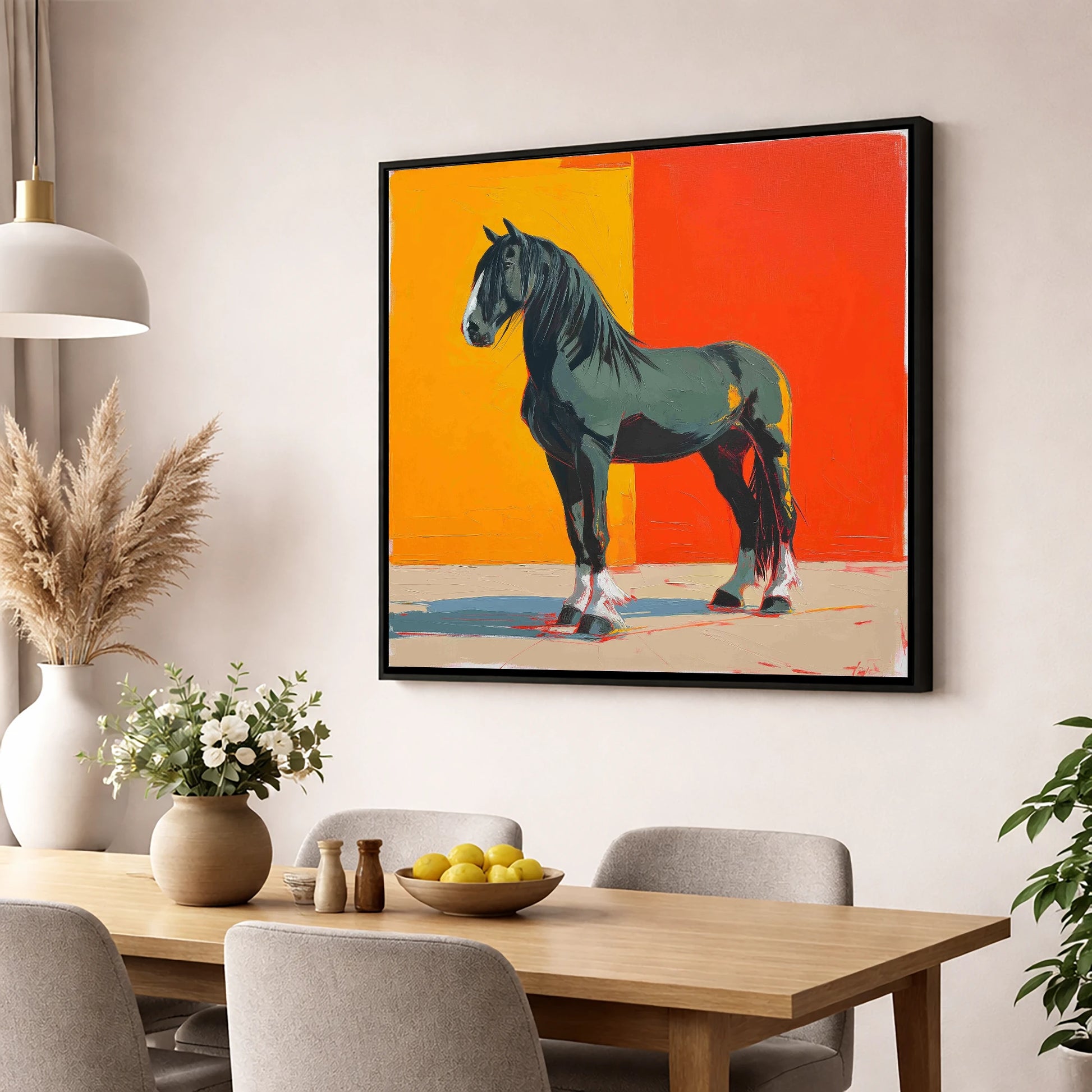 Vibrant Shire Portrait horse breed wall art displayed in a dining room