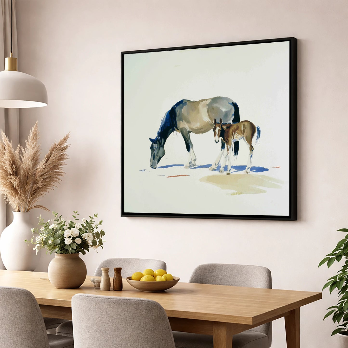 Spring Pasture Shadows mare & foal wall art displayed in a dining room