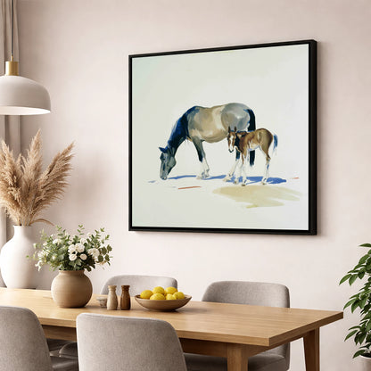 Spring Pasture Shadows mare & foal wall art displayed in a dining room