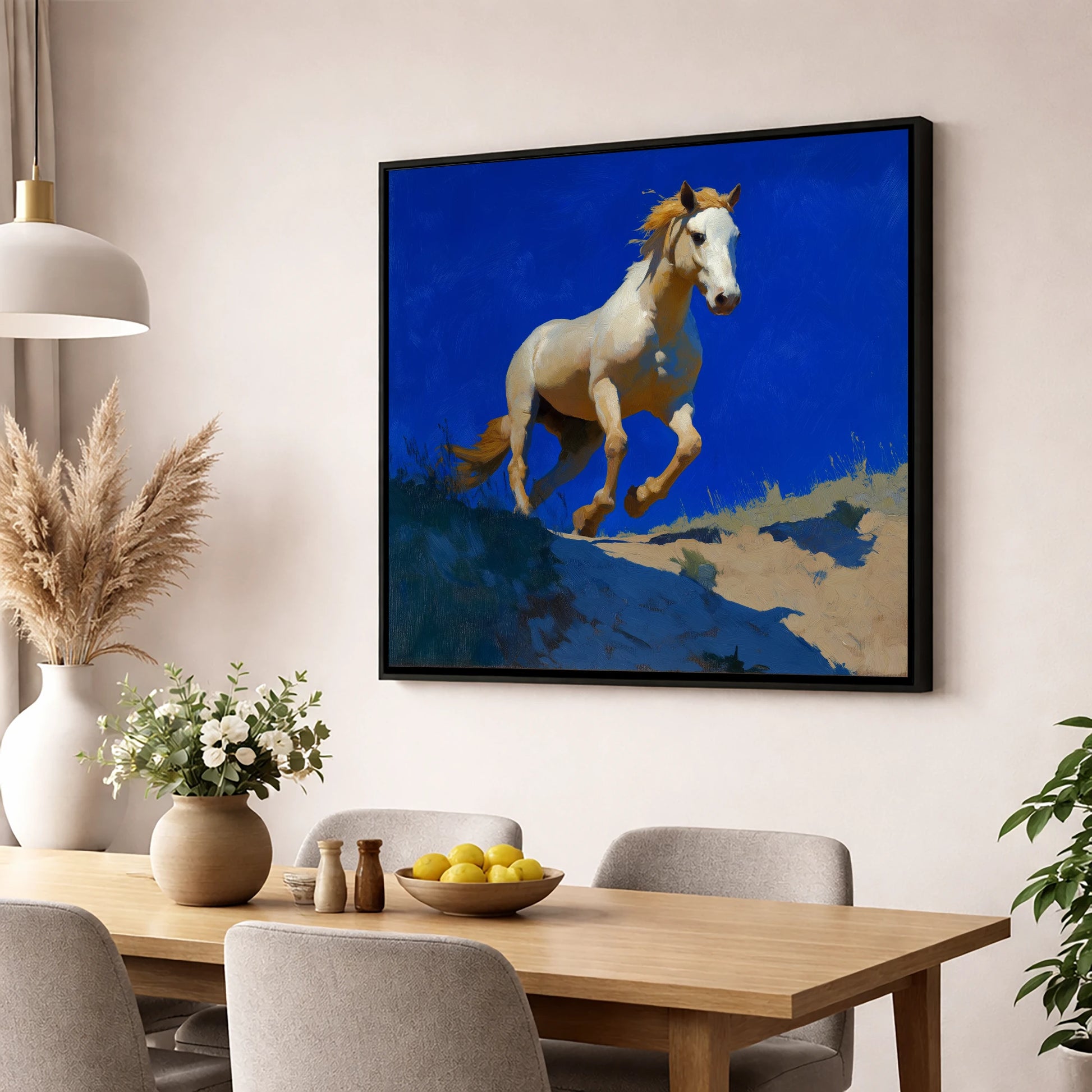 Sunlit Ascent wild horses wall art displayed in a dining room