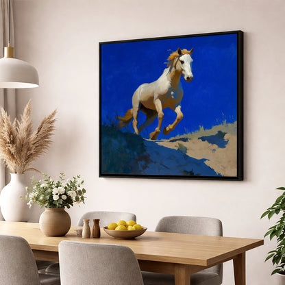 Sunlit Ascent wild horses wall art displayed in a dining room