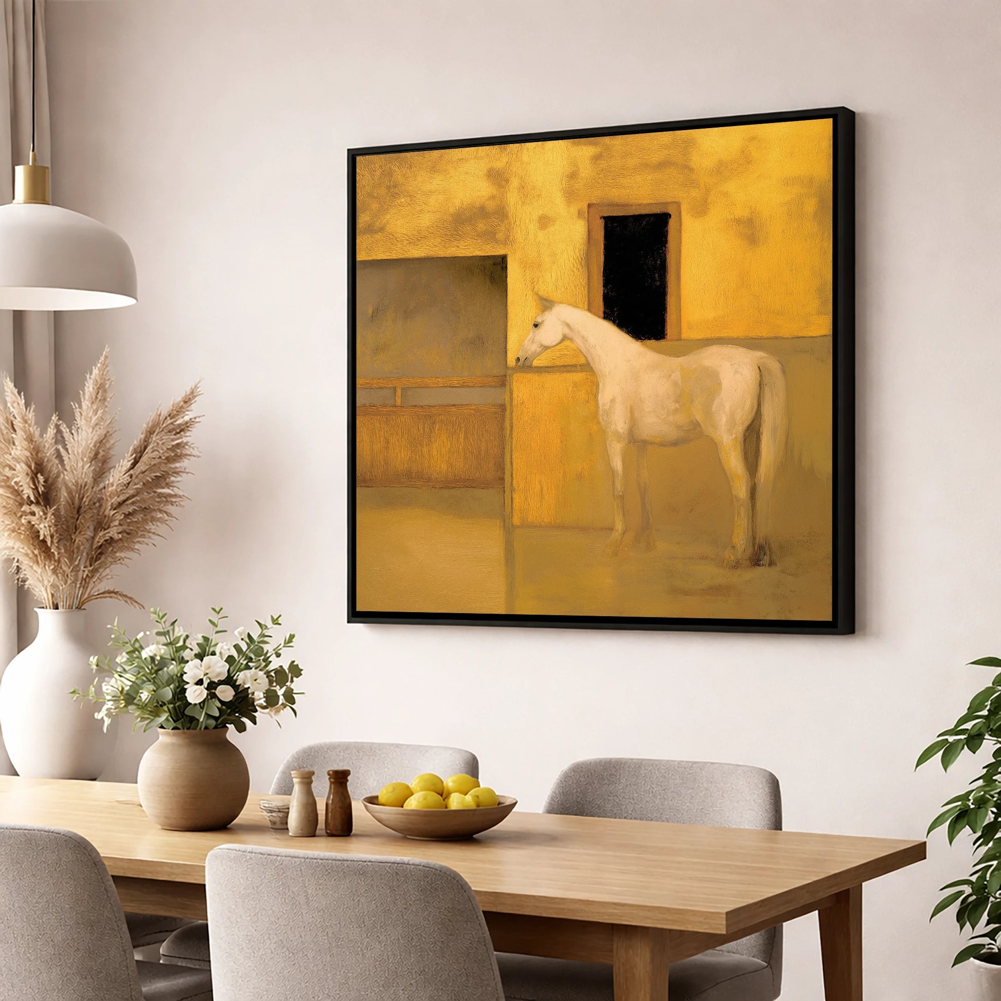 Ochre and Cream horse stable wall art displayed in a dining room