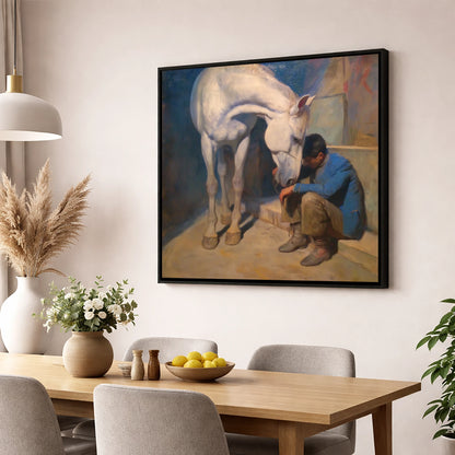 A Moment of Solace horse & rider wall art displayed in a dining room