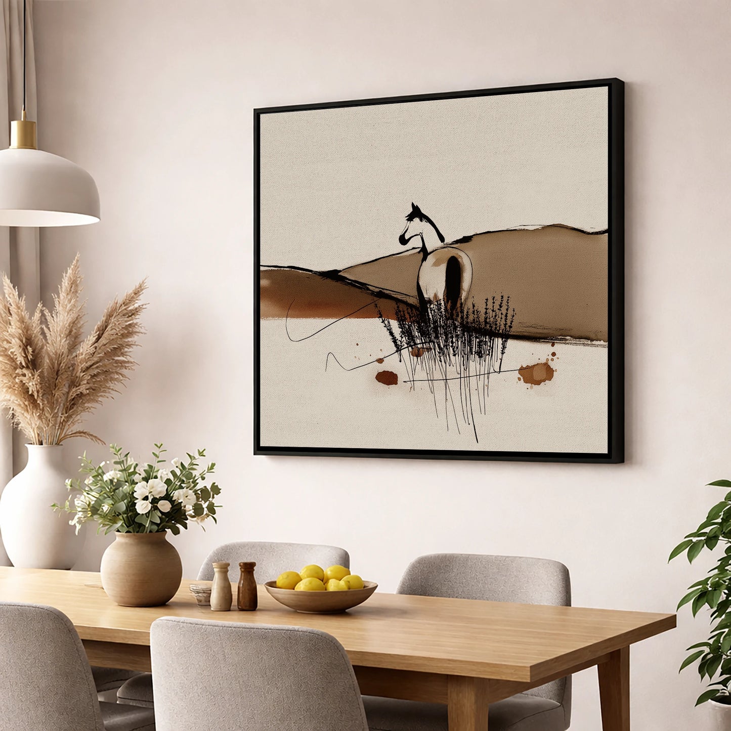 Sepia Ridge Observer horse landscape wall art displayed in a dining room