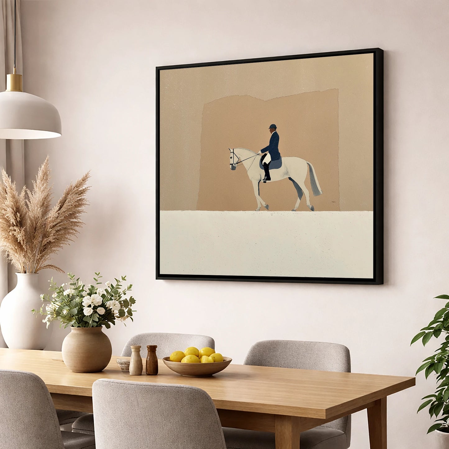 The Collected Grey dressage horse wall art displayed in a dining room