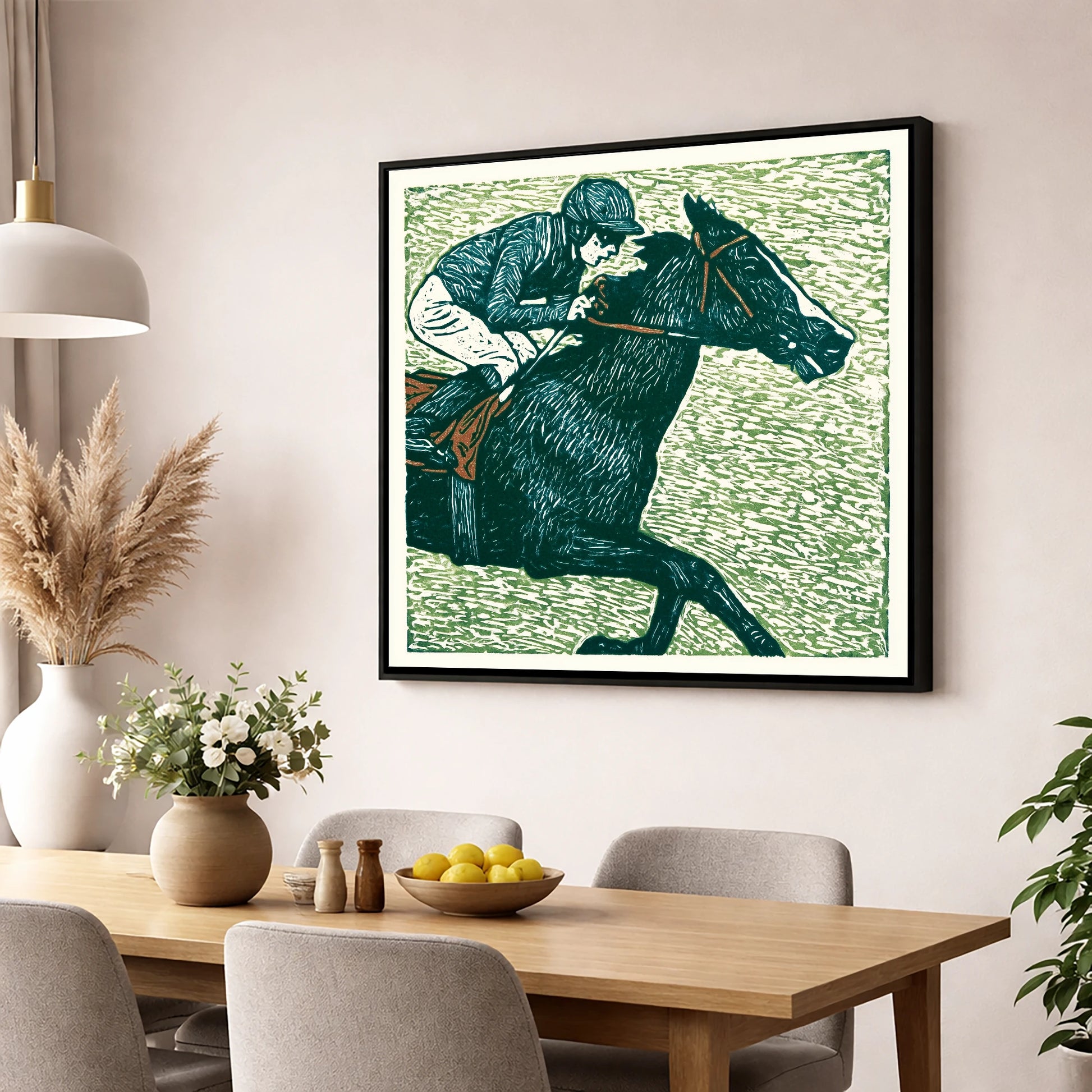 The Final Furlong racing horse wall art displayed in a dining room