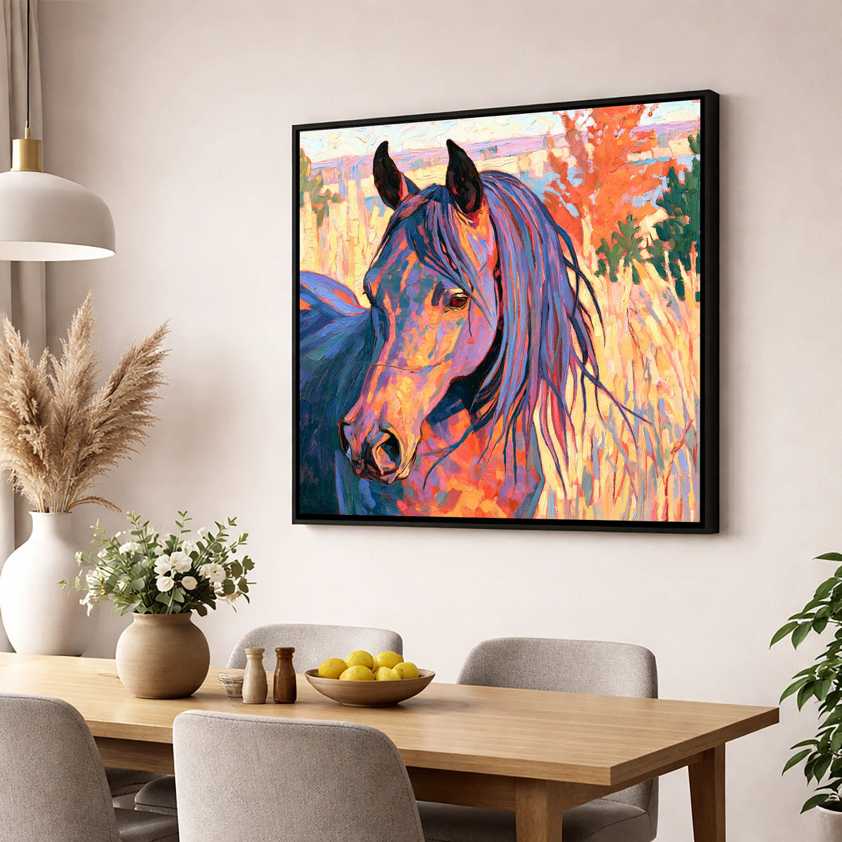 Colourful Horse in Autumn Grass horse breed wall art displayed in a dining room