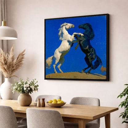 Cobalt Sky Stallions wild horses wall art displayed in a dining room