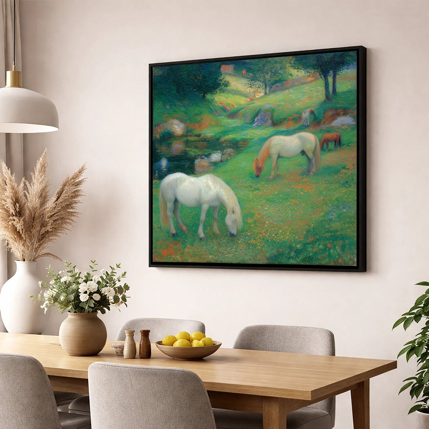 Emerald Valley Pasture horse landscape wall art displayed in a dining room