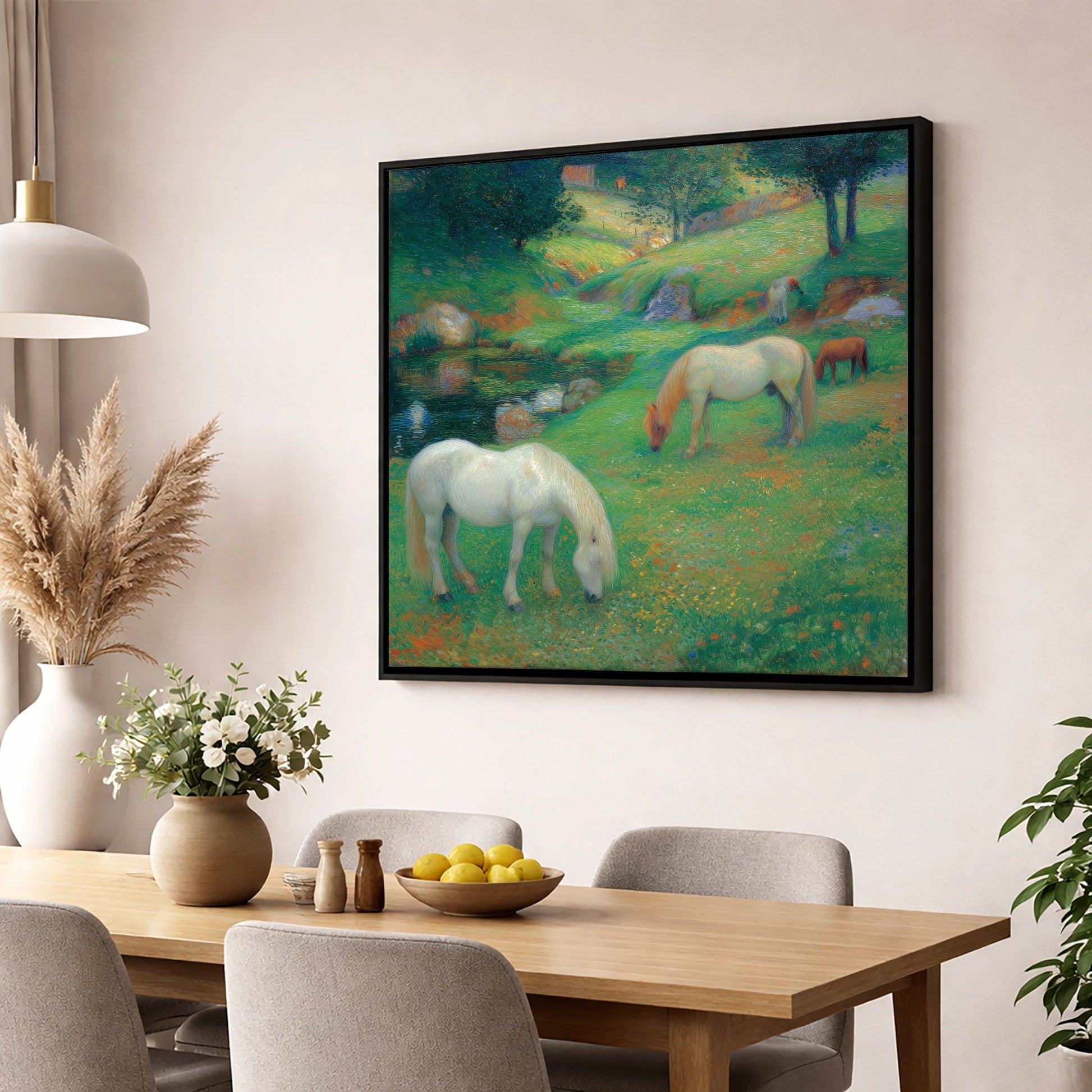 Emerald Valley Pasture horse landscape wall art displayed in a dining room