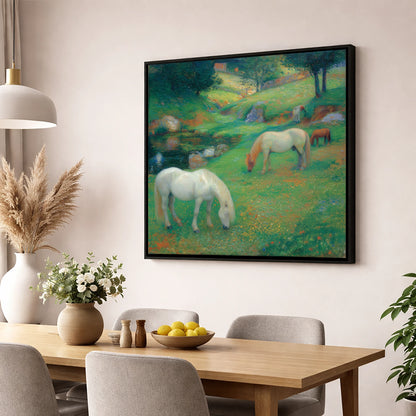 Emerald Valley Pasture horse landscape wall art displayed in a dining room