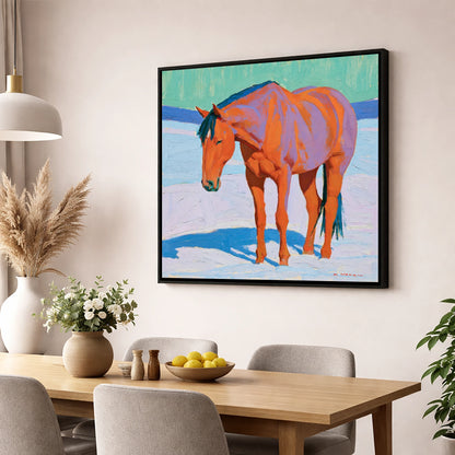 Vivid Chestnut Horse in Snow horse breed wall art displayed in a dining room