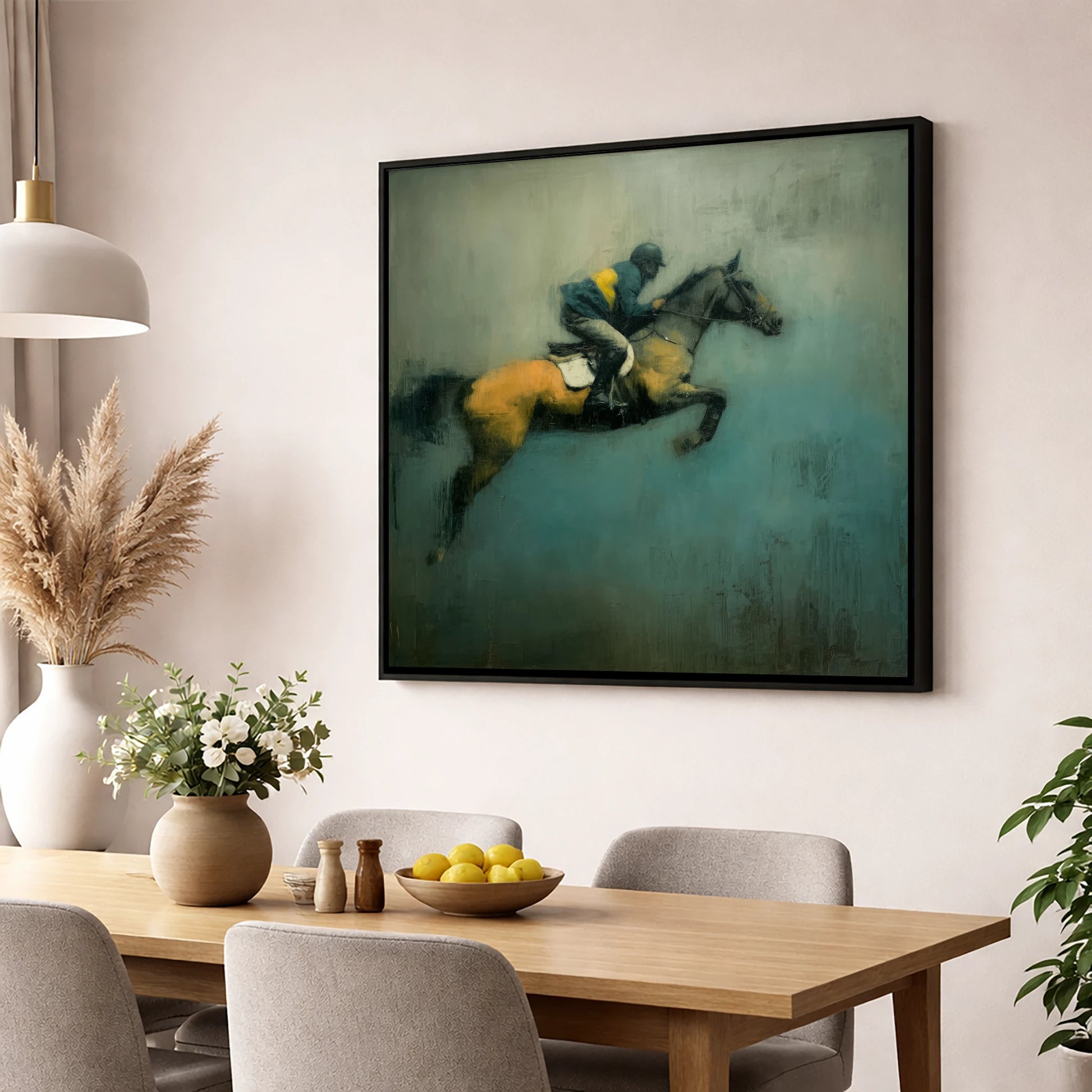 Suspended Momentum show jumping horse wall art displayed in a dining room