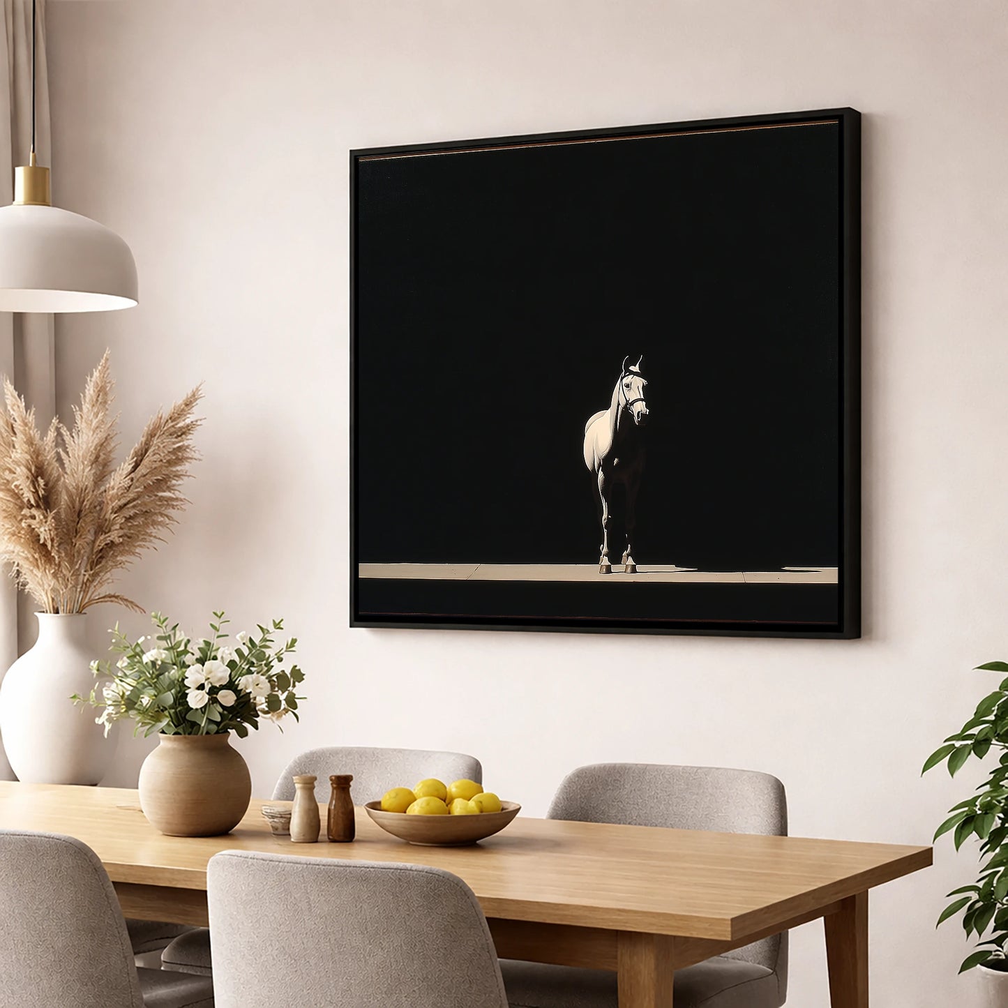 The Midnight Thoroughbred racing horse wall art displayed in a dining room