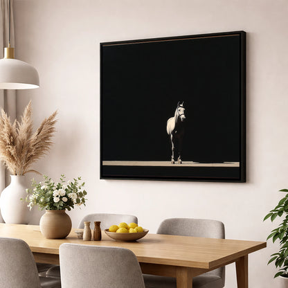 The Midnight Thoroughbred racing horse wall art displayed in a dining room