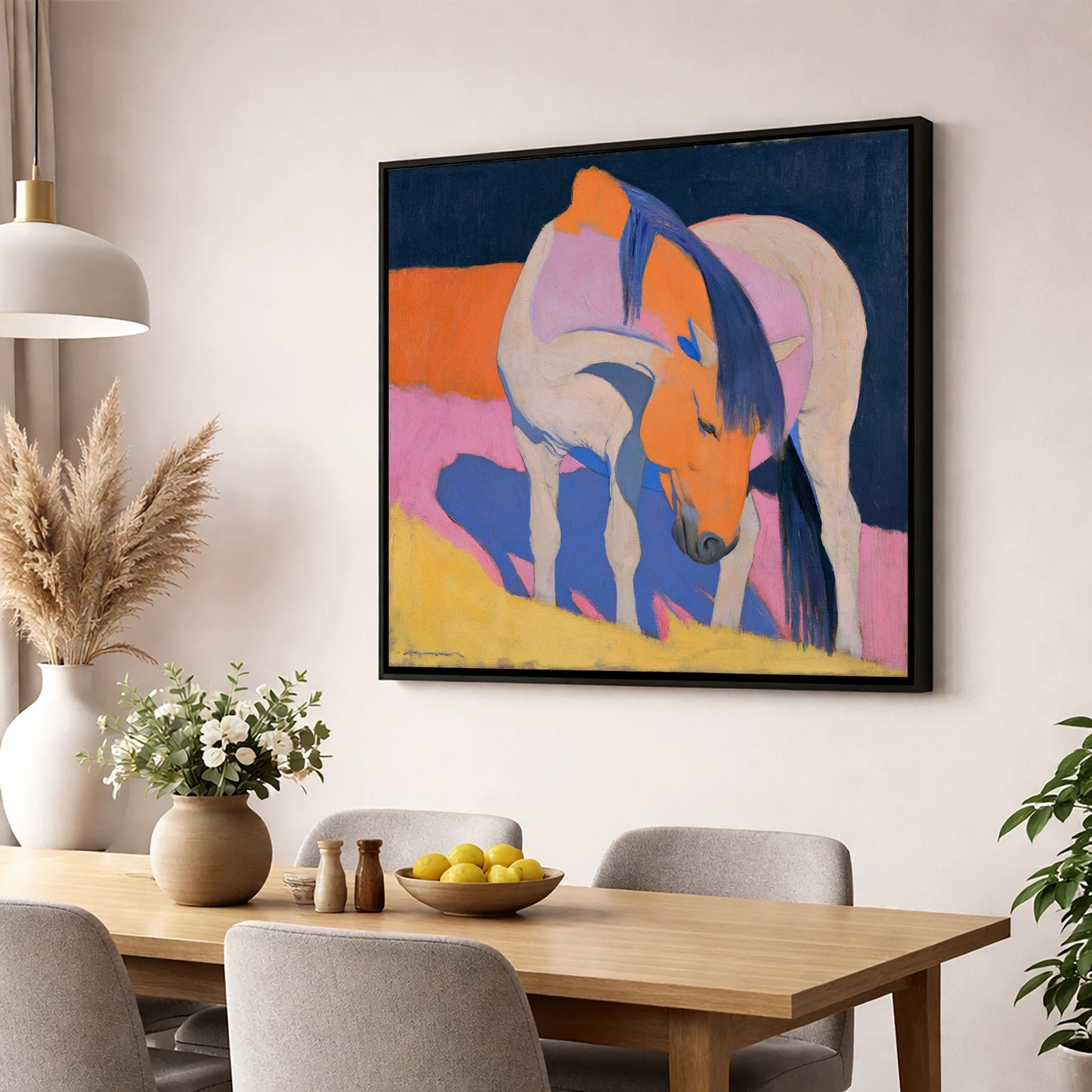 Vibrant Horse with Blue Mane horse breed wall art displayed in a dining room