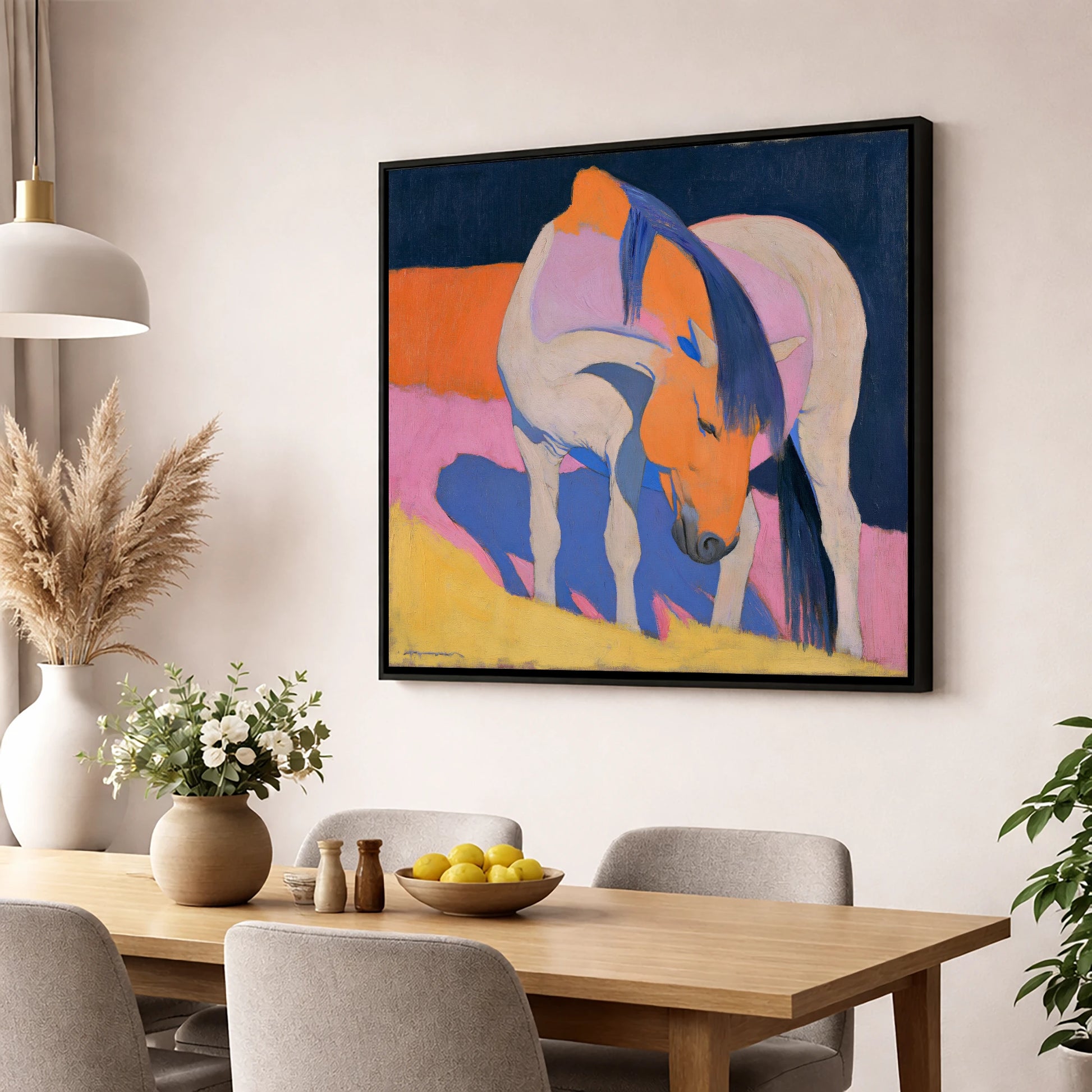 Vibrant Horse with Blue Mane horse breed wall art displayed in a dining room
