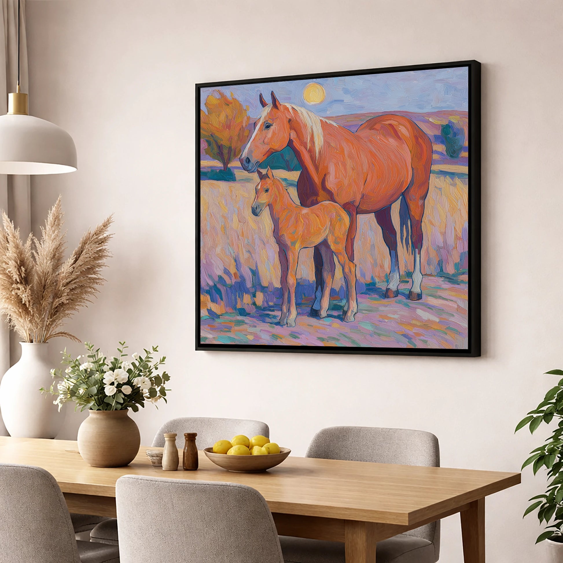 Radiant Chestnut Bond mare & foal wall art displayed in a dining room