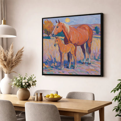 Radiant Chestnut Bond mare & foal wall art displayed in a dining room