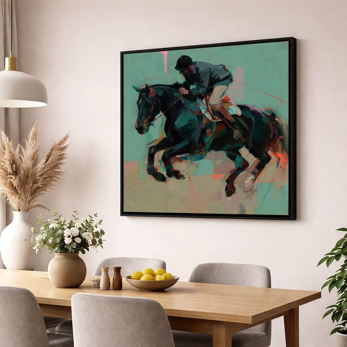 Modern Showjumper show jumping horse wall art displayed in a dining room